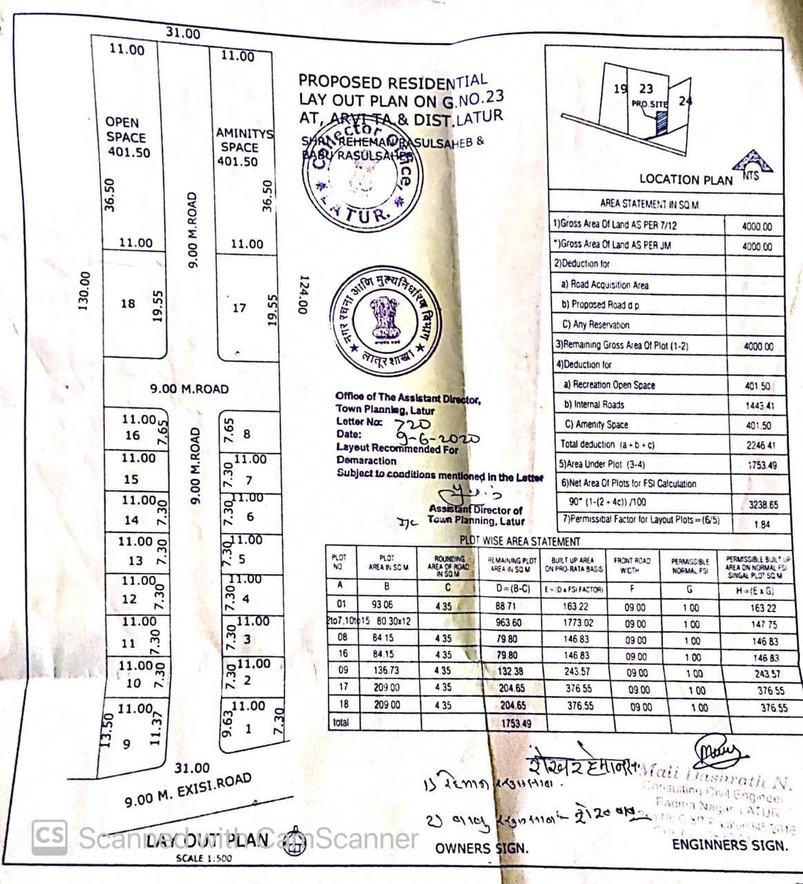 Sanctioned residential layout plan for Gat No. 23, Arvi, with Town Planning Latur stamp